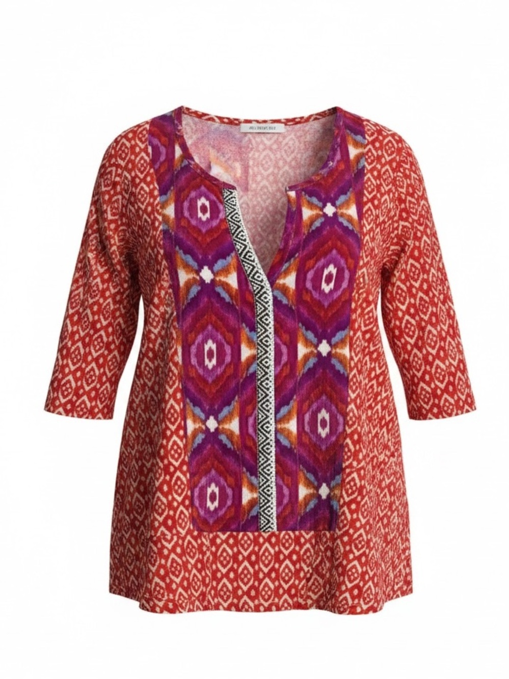 Akemi + Kin Red & Purple Patterned V-Neck Tunic Top M 3/4 Sleeve